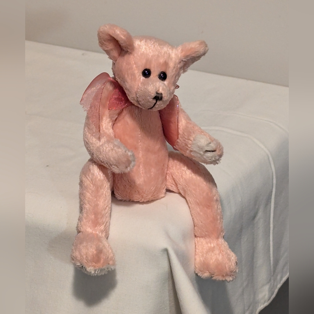 TY. Attic treasures. Peach  Teddy Bear with Bow. 1993. Brown Tag.